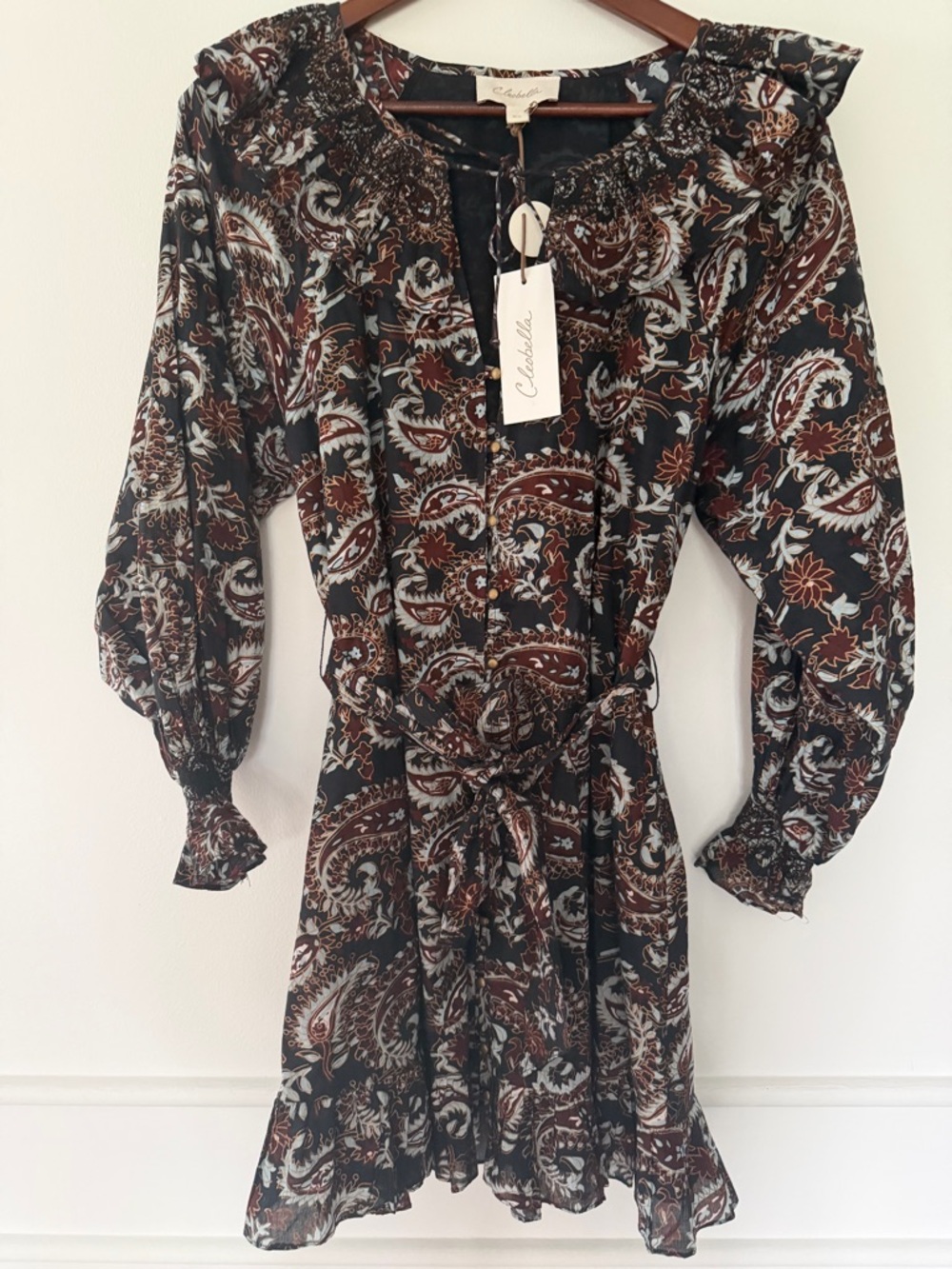 Cleobella Black, Brown & Cream Paisley Long-Sleeve Dress Sz XS NEW
